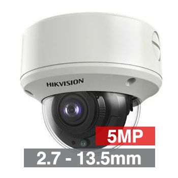 HIKVISION, 5MP Analogue HD outdoor Vandal Dome camera, White, 2.7-13.5mm motorised zoom lens, TVI/AHD/CVI/CVBS, 60m IR, 130dB WDR, Day/Night (ICR), IP67, IK10, Tri-axis, 12V DC/24V AC