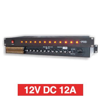 PSS, Power supply, 12V DC 12A, 1RU 19" rack mount, Overload/Over Voltage/Input fuse protection, 8 x 1A fused outputs, Circuit status LEDs, Suits CCTV apps,