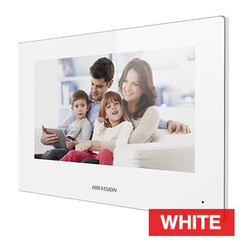 HIKVISION, 2nd Gen, Room station, 7" IPS Touchscreen 1024x600, Video, Colour, Hands free, 8CH alarm inputs, Call tone mute with indicator, WiFi, White, 12V DC, POE,