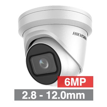 HIKVISION, 6MP HD-IP Outdoor Motorized turret camera, Powered by DarkFighter, White, 2.8-12.0mm motorised zoom lens, 30m IR, WDR, Day/Night (ICR), 1/2.4" CMOS, H.265/H.265+, IP67, Tri-axis, 12V DC/PoE