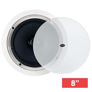 CMX, 8" Coaxial speaker, Ceiling mount, 15W, 8" (200mm), includes white metal grille, Wide dispersion, Rota-clamp mounting, 50-18KHz response,100V line (Taps at 7.5,15W)