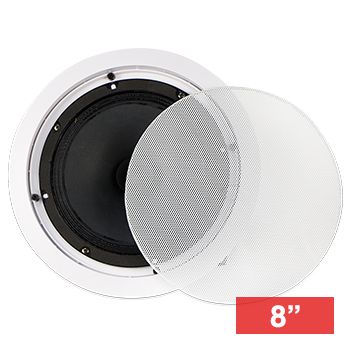 CMX, 8" Dual cone speaker, Ceiling mount, 15W, 8" (200mm), includes white metal grille, Wide dispersion, Rota-clamp mounting, 100-15KHz response, 100V line (Taps at 7.5,15W), cutout 240mm