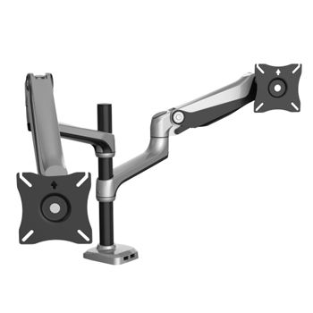ULTRA, Gas Assist, Monitor bracket, Double Articulated arm, Desk mount, Polished, Suits LCD from 12" (30cm) - 27" (67.5cm), 9kg holding force, With desk clamp & bolt through options,