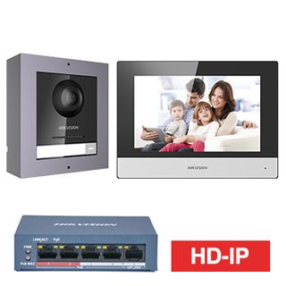 HIKVISION, Intercom, Gen 2, HD-IP intercom kit, includes 1 x DS-KD8003-IME1/Surface door station, 1 x DS-KH6320-WTE1 7" room station, 1 x 4 Port POE switch, Surface door stn, WiFi, Black, AU adapter