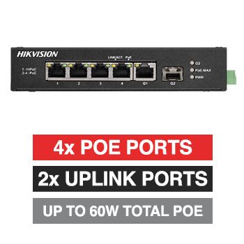 HIKVISION, 6 Port Industrial POE network switch, Non-managed, 4x 10/100Mbps PoE ports (1x Hi-PoE), 1x 1000Mbps uplink, 1x SFP Uplink port,Total POE power up to 60W, IEEE802.3af/at, 48-57V DC,