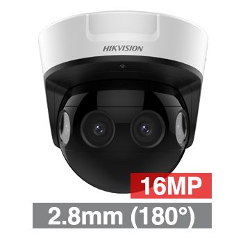 HIKVISION, 16MP HD-IP PanoVu dome camera, 180 degrees, Black, 2.8mm fixed lens, 20m IR, WDR, Day/Night (ICR), 1/1.8" CMOS, H.265/H.265+, IP67, IK10, Tri-axis, 12V DC/PoE,