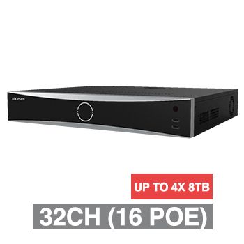 HIKVISION, HD-IP PoE NVR, DeepInMind, 32 channel (16 ch POE (IEEE 802.3af/at)), 256Mbps bandwidth, 4x 8TB SATA HDD max, VMD, Ethernet, 2x USB2.0 & 1x USB3.0, 1 Audio In/Out, HDMI/VGA