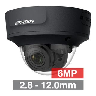 HIKVISION, 6MP HD-IP Outdoor Vandal Dome camera, Black, 2.8-12.0mm motorised zoom lens, 30m IR, WDR, Day/Night (ICR), 1/2.4" CMOS, H.265/H.265+, IP67, IK10, Tri-axis, 12V DC/PoE