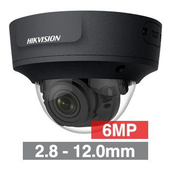 HIKVISION, 6MP HD-IP Outdoor Vandal Dome camera, Black, 2.8-12.0mm motorised zoom lens, 30m IR, WDR, Day/Night (ICR), 1/2.4" CMOS, H.265/H.265+, IP67, IK10, Tri-axis, 12V DC/PoE