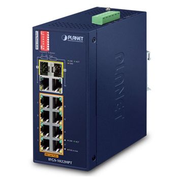 PLANET, 10 Port Non-Managed Industrial switch, 8 10/100 POE 30 Watt ports, 2x Gigabit RJ45 & 2x SFP Uplink ports (Shared), Hardened -40 to +75 degrees C, IP30 case, DIN rail and wall mount