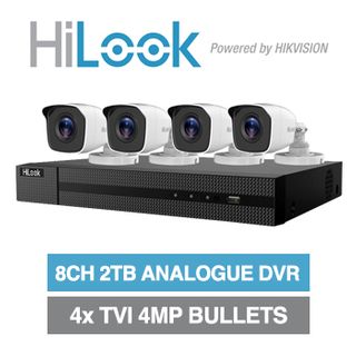 HILOOK, 8 channel HD-TVI 4MP bullet kit, Includes 1x DVR-208U-F1-2T 8ch Analogue HD DVR, 4x 4MP TVI IR bullet cameras w/ 2.8mm fixed lens & 12V DC PSU