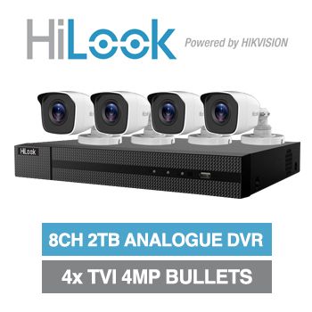 HILOOK, 8 channel HD-TVI 4MP bullet kit, Includes 1x DVR-208U-F1-2T 8ch Analogue HD DVR, 4x 4MP TVI IR bullet cameras w/ 2.8mm fixed lens & 12V DC PSU