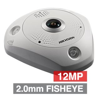 HIKVISION, 12MP HD-IP Outdoor Fisheye 360 camera, White, 1.98mm ImmerVision MP lens, 15m IR, Digital WDR, Day/Night (ICR), 1/1.7" CMOS, Analytics/Heat map (SD required), H.265, IP66, IK10, 12V DC/PoE