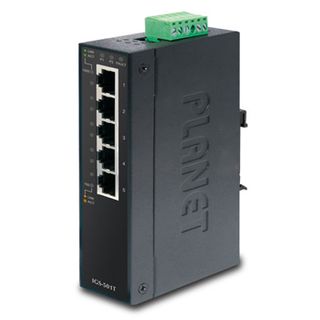 PLANET, 5 Port Industrial switch, 5 Gigabit ports, Hardened -40 to +75 degrees C, IP30 case, DIN rail and wall mount 9-48V DC