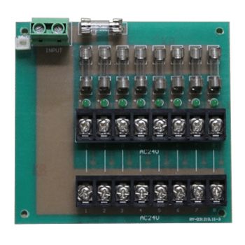 PSS, Fused Power distribution board, 10 - 30v AC/DC input and 9 x M205 1 Amp fused outputs, screw terminals,