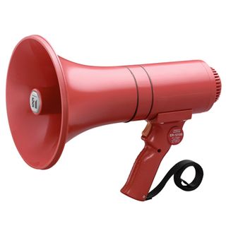 TOA Power megaphone, 15 Watt rated, Built-in siren, requires 6x AA batteries,