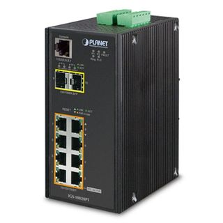 PLANET, 10 Port Managed Industrial switch, 8 Gigabit POE 15.4 Watt ports, 2 Gigabit mini-GBIC/SFP slots, Hardened -40 to +75 degrees C, IP30 case, DIN rail and wall mount
