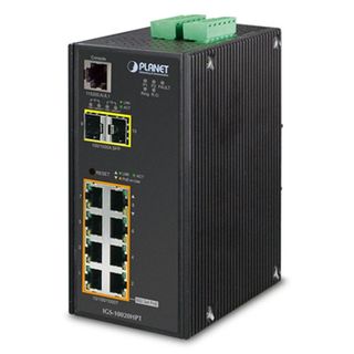 PLANET, 8 Port Managed Industrial switch, 30 Watt ports, 2 Gigabit SFP, IP30 case, DIN rail mount,