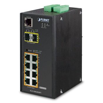PLANET, 8 Port Managed Industrial switch, 30 Watt ports, 2 Gigabit SFP, IP30 case, DIN rail mount,