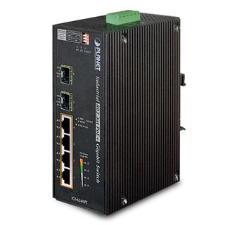 PLANET, 6 Port Gigabit Industrial switch, 4x 30 Watt ports, 2x Gigabit SFP, IP30 case, DIN rail mount, -40 to 75 degree C,