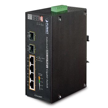 PLANET, 6 Port Gigabit Industrial switch, 4x 30 Watt ports, 2x Gigabit SFP, IP30 case, DIN rail mount, -40 to 75 degree C,