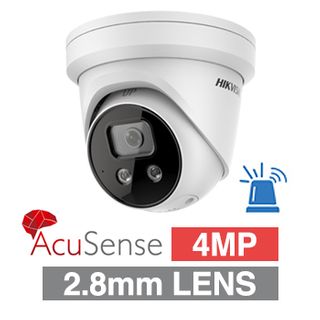 HIKVISION, 4MP AcuSense G2 HD-IP Outdoor Turret camera, DarkFighter, White, 2.8mm fixed lens, 30m IR, 120dB WDR, Day/Night (ICR), 1/2.7" CMOS, H.265, IP66, Strobe, Microphone and Built-in speaker