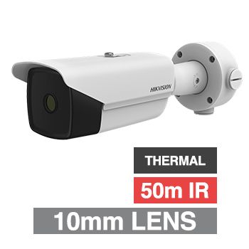 HIKVISION, Thermal Perimeter bullet camera, White, 10mm fixed lens, 384x288 Thermal sensor, 50m IR, Shutter adjustment,  H.264 & H.264+, IP66, 12V DC/PoE+,