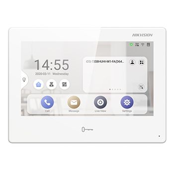 HIKVISION, 2nd Gen, Room station, 7" IPS Touchscreen 1024x600, Android OS, Video, Colour, Hands free, 8CH alarm inputs, Call tone mute with indicator, WiFi, White, 12V DC, POE,