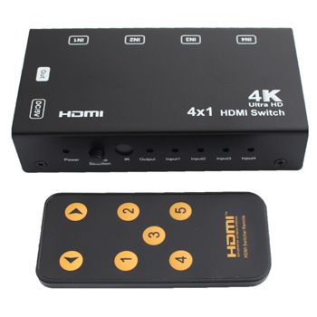 XTENDR, HDMI 4 input 1 output switcher with IR selection, 4K UHD support, HDCP2.2, Support HDR, Supports Dolby TrueHD, DTS-HD, 5V DC power (included),