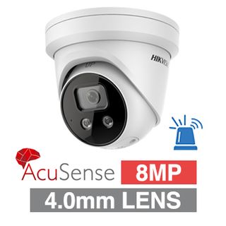 HIKVISION, 8MP AcuSense G2 HD-IP outdoor Turret camera w/ 2-way audio, strobe & audible alarm (LiveGuard), White, 4.0mm fixed lens, 30m IR, WDR, Microphone, I/O (Alarm & Audio), IP66, 12V DC/POE