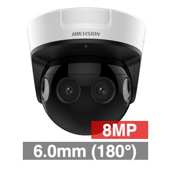 HIKVISION, 8MP HD-IP PanoVu dome camera, 180 degrees, Black, 6.0mm fixed lens, 20m IR, WDR, Day/Night (ICR), 1/1.8" CMOS, H.265/H.265+, IP67, IK10, Tri-axis, 12V DC/PoE,