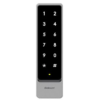 SEBURY, Gen 2 Touch Keypad/Reader, Slimline, Up to 2000 users, Standalone or 26 Bit Wiegand output, Door output, EM/HID/Mifare compatible, Metal, Vandal resistant, IP65, Backlit keys,12-24V DC,