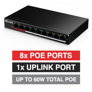HILOOK, 9 Port Ethernet POE network switch, Unmanaged, 8x 10/100Mbps PoE ports, 1x 10/100Mbps Uplink port, Max port output 7.25W power, Total POE power up to 58W, IEEE802.3af,
