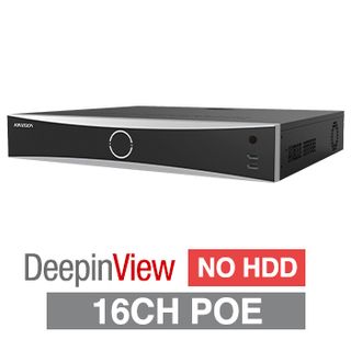 HIKVISION, HD-IP PoE NVR, DeepInMind, 16 channel, POE (IEEE 802.3af/at, 256Mbps bandwidth, 4x 8TB SATA HDD max, VMD, Ethernet, 2x USB2.0 & 1x USB3.0, 1 Audio In/Out, HDMI/VGA