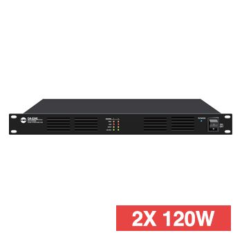 CMX, Class-D Two channel power amplifier, 2x120W RMS, Outputs for high impedance 100V line and 8 Ohms, Balanced Phoenix input, Phoenix output, 1RU, 115-230V AC, includes rack ears