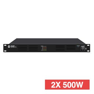 CMX, Class-D Two channel power amplifier, 2x500W RMS, Outputs for high impedance 100V line and 8 Ohms, Balanced Phoenix input, Phoenix output, 1RU, 115-230V AC, includes rack ears,