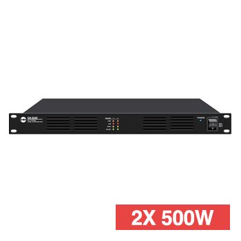 CMX, Class-D Two channel power amplifier, 2x500W RMS, Outputs for high impedance 100V line and 8 Ohms, Balanced Phoenix input, Phoenix output, 1RU, 115-230V AC, includes rack ears,