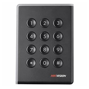 HIKVISION, Pro series, Proximity card reader and keypad, Up to 2" (50mm) read range, Thin profile, Built in buzzer, Two colour LED, Mifare compatible, RS-485/Wiegand(W26,W34)/OSDP, 12V DC 2W,