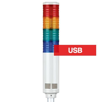 QLIGHT, USB Controlled Multicolour LED Tower signal light, Constant or Flashing, White body, PC lens, RAGB colour selection, 90dB Max sounder, 312(H) x 56(D)mm