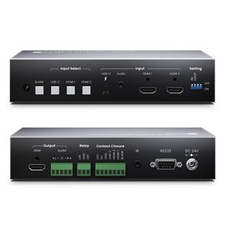 XTENDR, 3x1 Presentation switcher, HDMI 2.0 and USB-C input, 4K 60Hz 4:4:4 Display output, HDCP 1.4/2.2 compliant, LPCM 7.1 @ 192KHz, Audio in/out, 60W USB-C charging, 24V DC,