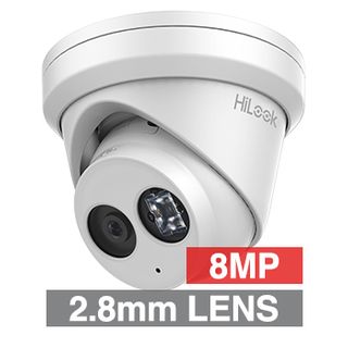 HILOOK, 8MP HD-IP Outdoor Turret camera, Metal, White, 2.8mm fixed lens, 30m IR, 120dB WDR, Day/Night (ICR), 1/3" CMOS, H.265/H.265+, IP67, Tri-axis, Microphone, 12V DC/PoE