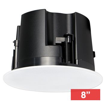 CMX, 8" Frameless Coaxial speaker, Ceiling mount, 40W, 8" (200mm), includes white frameless metal grille, Rota-clamp mounting, 60-20KHz response, 100V line (40,20,10,5W) and 8 Ohm, cutout 250mm