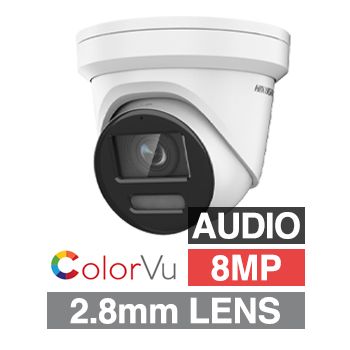 HIKVISION, 8MP ColorVu G2 HD-IP outdoor Turret camera w/ audio, White, 2.8mm fixed lens, 30m White LED, WDR, Microphone, 1/1.2” CMOS, H.265+, IP67, Tri-axis, 12V DC/POE