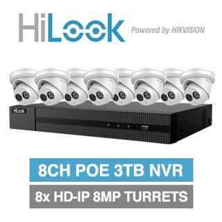 HILOOK 8MP KIT SPECIAL, Includes 1x 8ch K Series NVR w/ 3TB HDD (NVR-108MH-K/8P-3T) and 8x 8MP 2.8mm WHITE turrets (IPC-T280H-M-2.8)