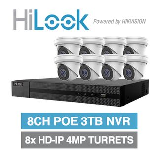 HILOOK 4MP SPECIAL, 8 channel HD-IP turret 4MP kit, Includes 1x NVR-108MH-C/8P-3T 8ch POE NVR w/ 3TB HDD & 8x IPC-T240H-M-2.8 4MP IP IR turret cameras w/ 2.8mm fixed lens