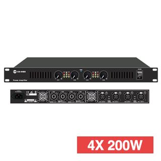 CMX, Professional Class-D Four channel power amplifier, 4x 200W RMS 8 Ohms, Output stable down to 2 Ohms (400W), Balanced XLR input, Speakon female output, 1RU, 100-240V AC
