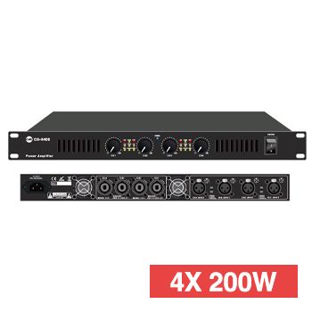 CMX, Professional Class-D Four channel power amplifier, 4x 200W RMS 8 Ohms, Output stable down to 2 Ohms (400W), Balanced XLR input, Speakon female output, 1RU, 100-240V AC