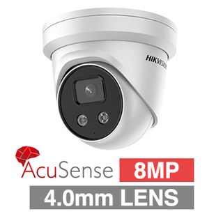 HIKVISION, 8MP AcuSense G2 HD-IP outdoor Turret camera w/ audio, White, 4.0mm fixed lens, 30m IR, WDR, Microphone, 1/1.8” CMOS, H.265+, IP66, Tri-axis, 12V DC/POE