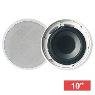 CMX, 10" Subwoofer speaker, Ceiling mount, 240W, 10" (250mm), includes white metal grille, Ported enclosure, Rota-clamp mounting, 36-150Hz response, 100V line (taps 60,120,240W) and 8 Ohm,