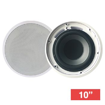 CMX, 10" Subwoofer speaker, Ceiling mount, 240W, 10" (250mm), includes white metal grille, Ported enclosure, Rota-clamp mounting, 36-150Hz response, 100V line (taps 60,120,240W) and 8 Ohm,